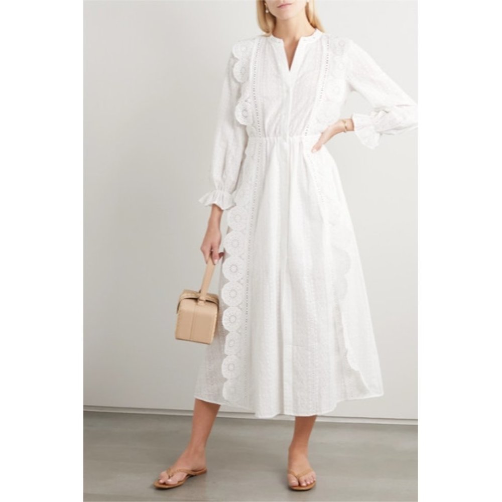 $400 Maje Cotton Midi Dress with Broderie Anglaise White Size 36/ US 4 - Picture 2 of 13